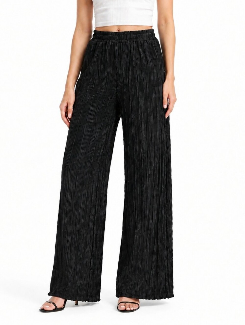 Black Pleated Wide-Leg Women's Pants
